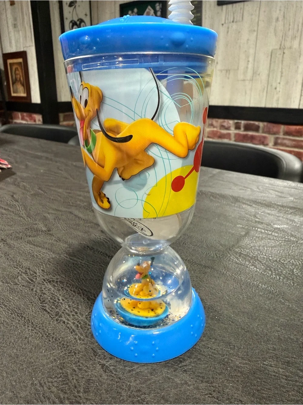 Vintage Disney Pluto Blue & Yellow Plastic Kids Party Cup with Lid and Straw